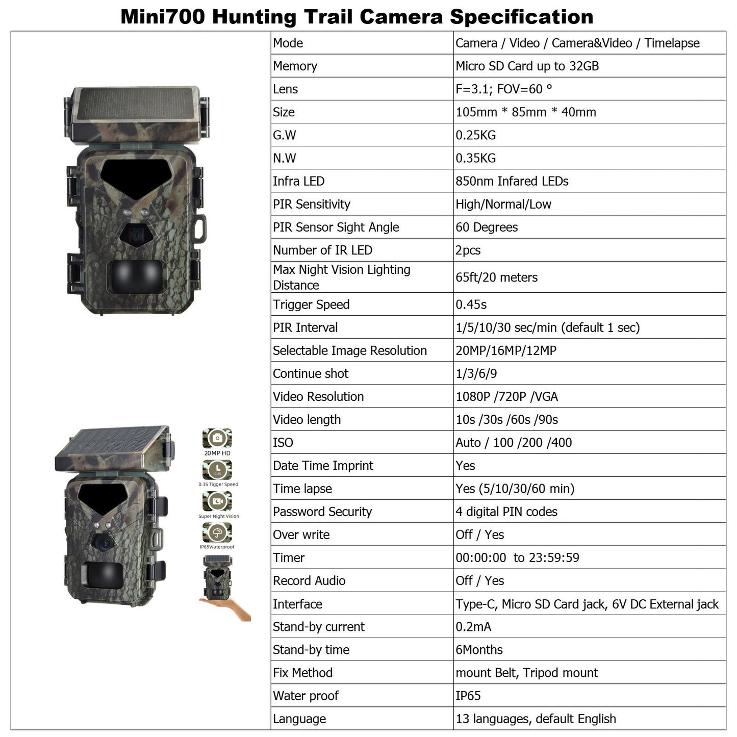 20MP Solar-Powered Hunting Camera, 1080P IP65, 0.45s Trigger, Infrared Night Vision, Motion-Activated, 60° Detection, 32GB Card