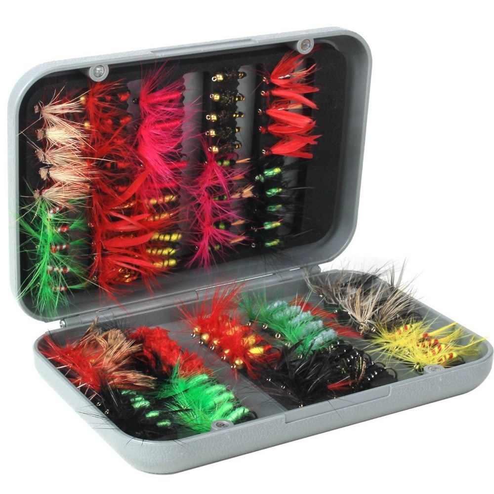 100pcs Fly Fishing Flies Kit with Box - Dry & Wet Assortment for Trout & Bass