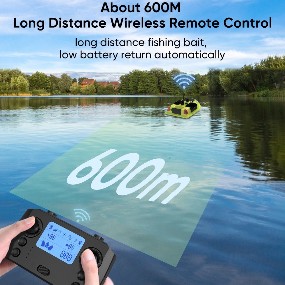 GPS RC Bait Boat with 600M Range, 99 Fishing Sites, 7-Color LED, 3 Bait Containers, 4.4lb Load, 12000mAh Battery