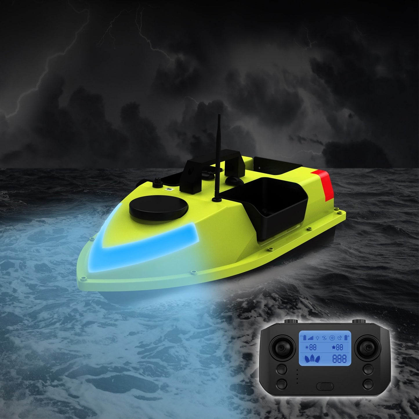 GPS RC Bait Boat with 600M Range, 99 Fishing Sites, 7-Color LED, 3 Bait Containers, 4.4lb Load, 12000mAh Battery