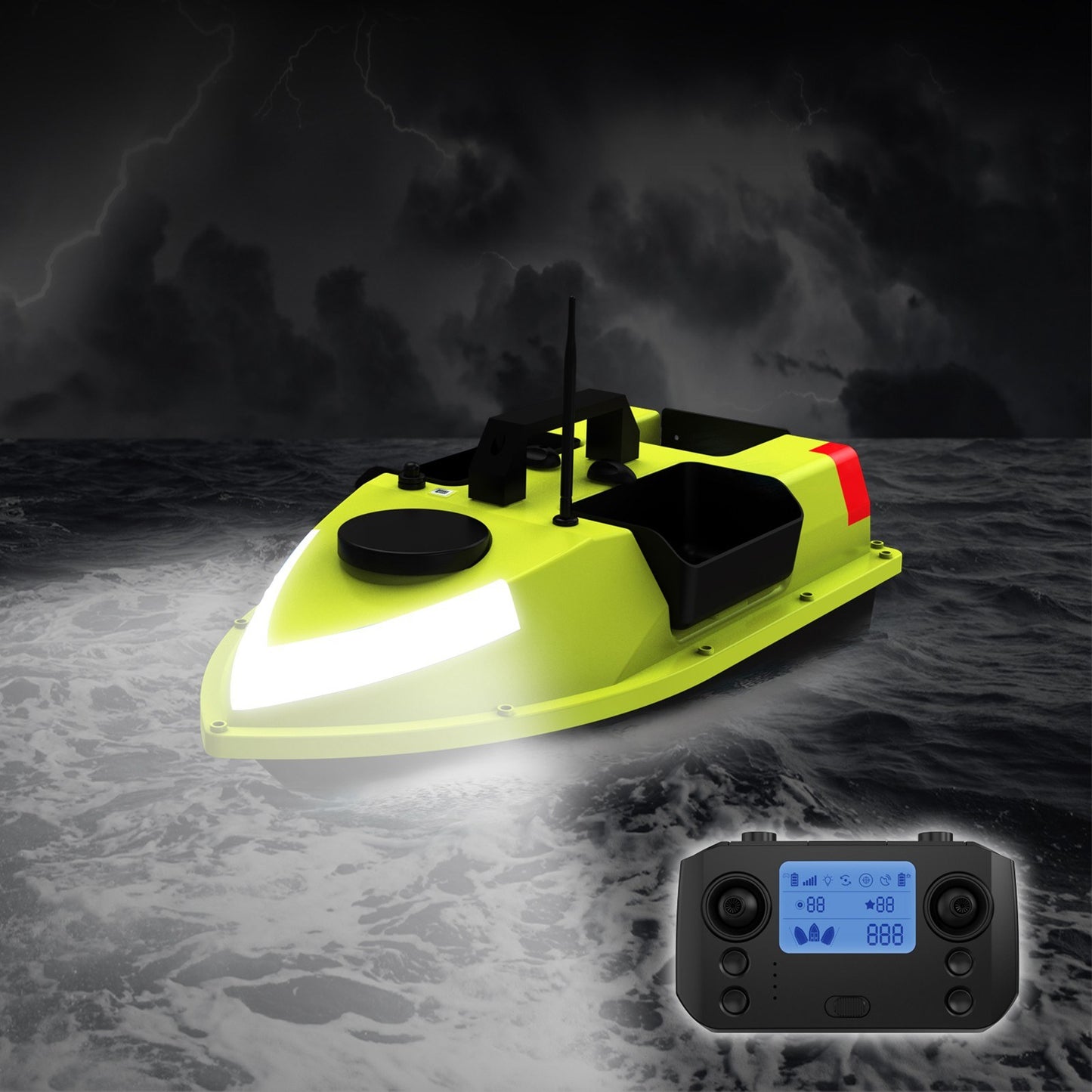 GPS RC Bait Boat with 600M Range, 99 Fishing Sites, 7-Color LED, 3 Bait Containers, 4.4lb Load, 12000mAh Battery