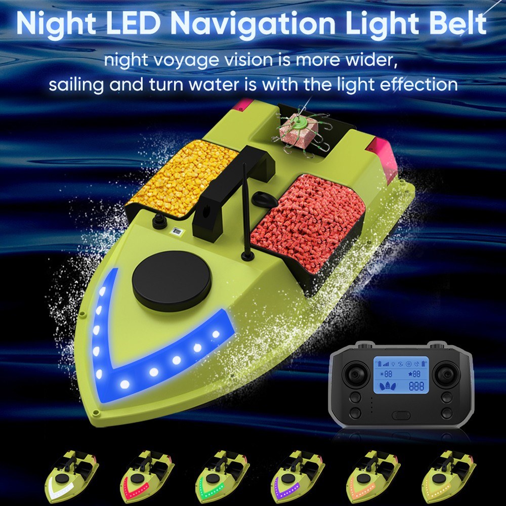 GPS RC Bait Boat with 600M Range, 99 Fishing Sites, 7-Color LED, 3 Bait Containers, 4.4lb Load, 12000mAh Battery