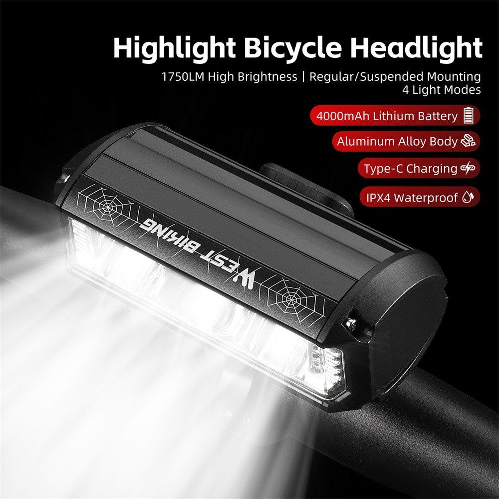 WEST BIKING 1750 Lumen Aluminum USB Rechargeable Road Bike Handlebar Light