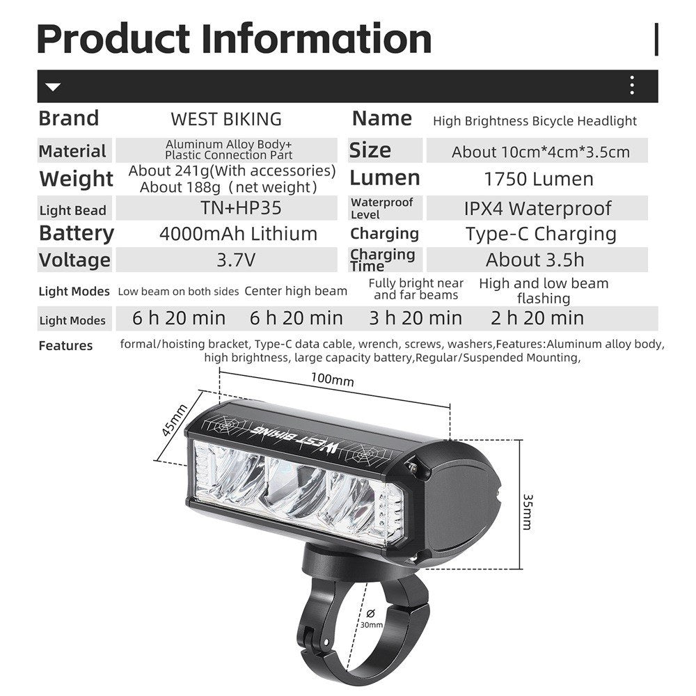 WEST BIKING 1750 Lumen Aluminum USB Rechargeable Road Bike Handlebar Light