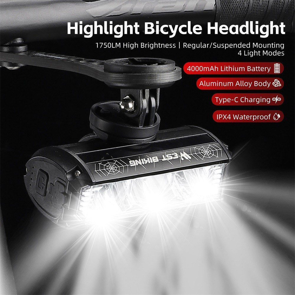WEST BIKING 1750 Lumen Aluminum USB Rechargeable Road Bike Handlebar Light