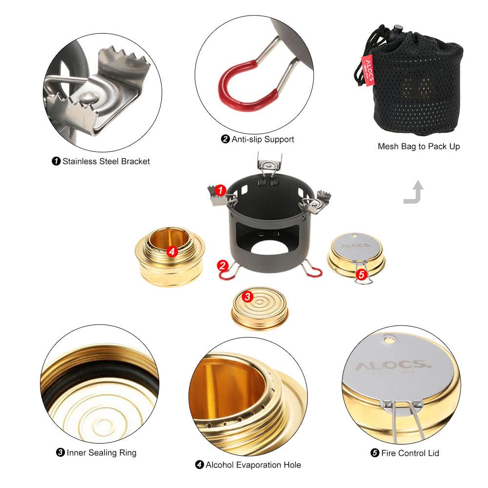 ALOCS Portable Camping Alcohol Stove with Bracket Support Set