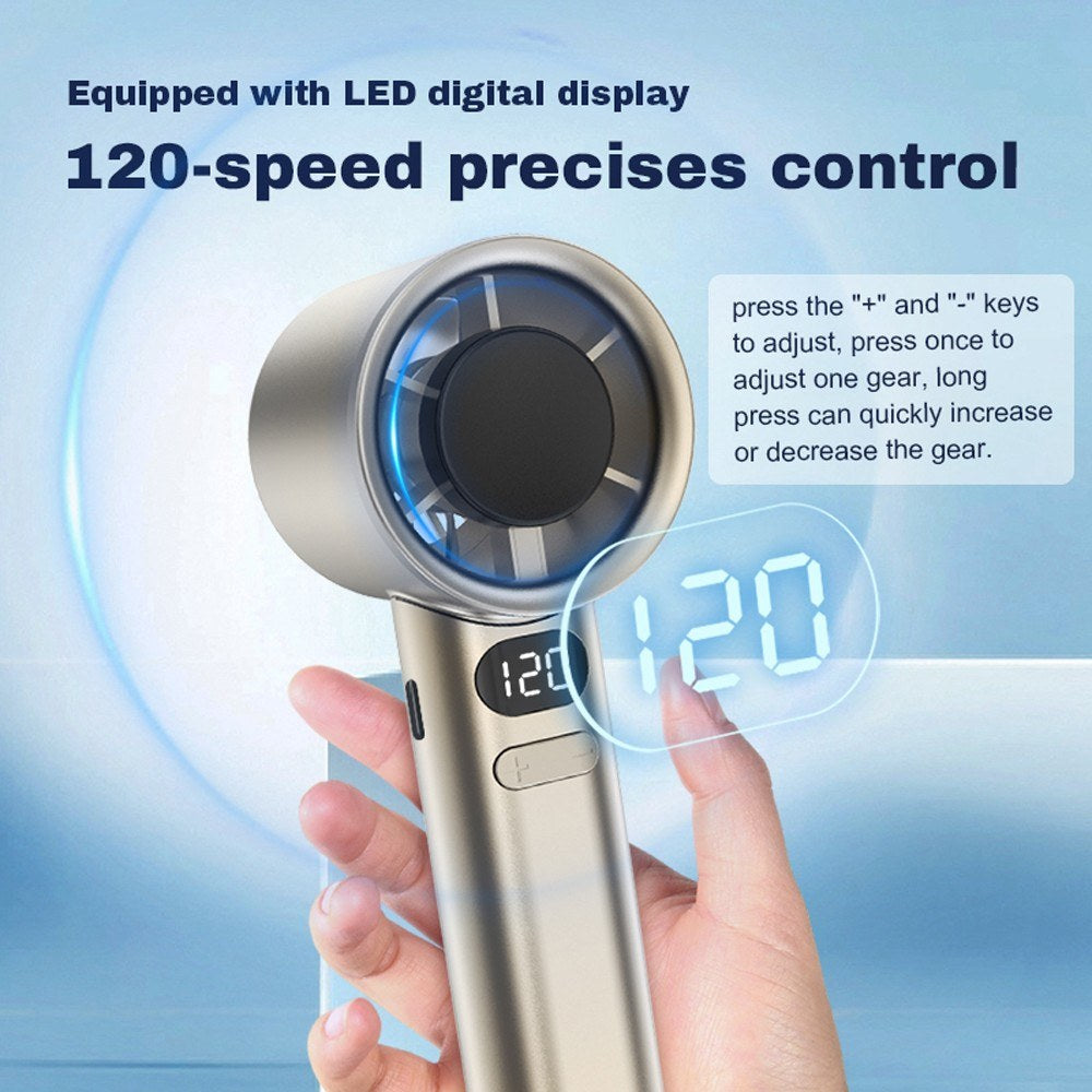 USB Rechargeable Handheld Fan - High-Speed Portable Turbofan with 120-Speed Digital Display for Camping, Travel, Home, Office
