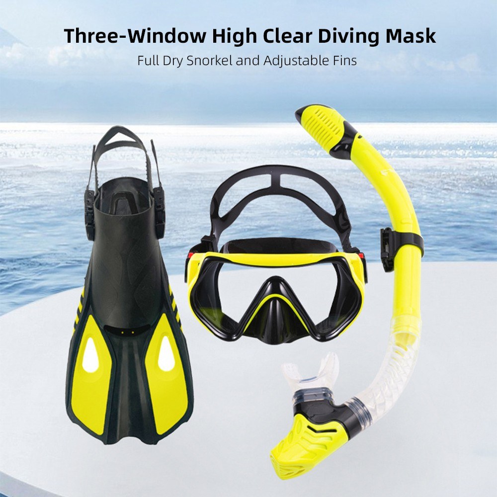 Three-Window Diving Mask Set with Full Dry Snorkel and Adjustable Fins for Men & Women