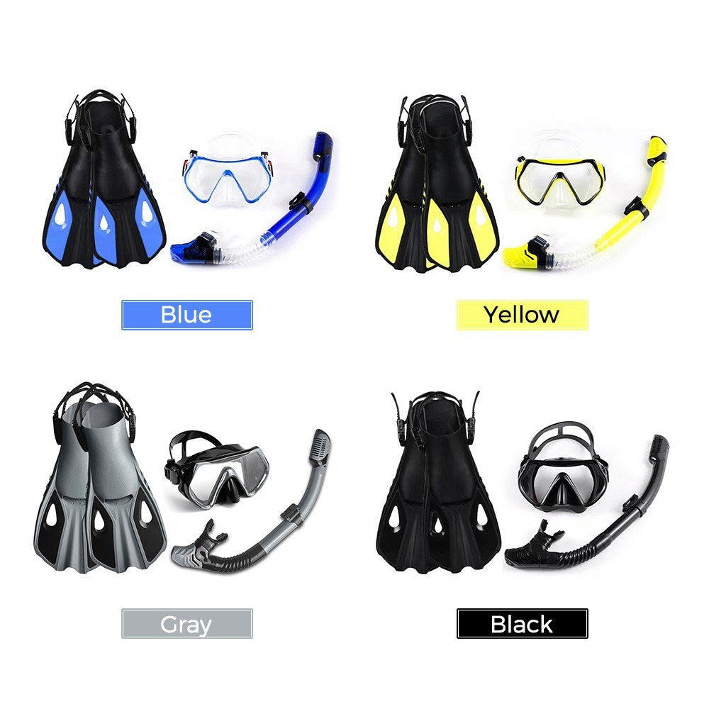 Three-Window Diving Mask Set with Full Dry Snorkel and Adjustable Fins for Men & Women