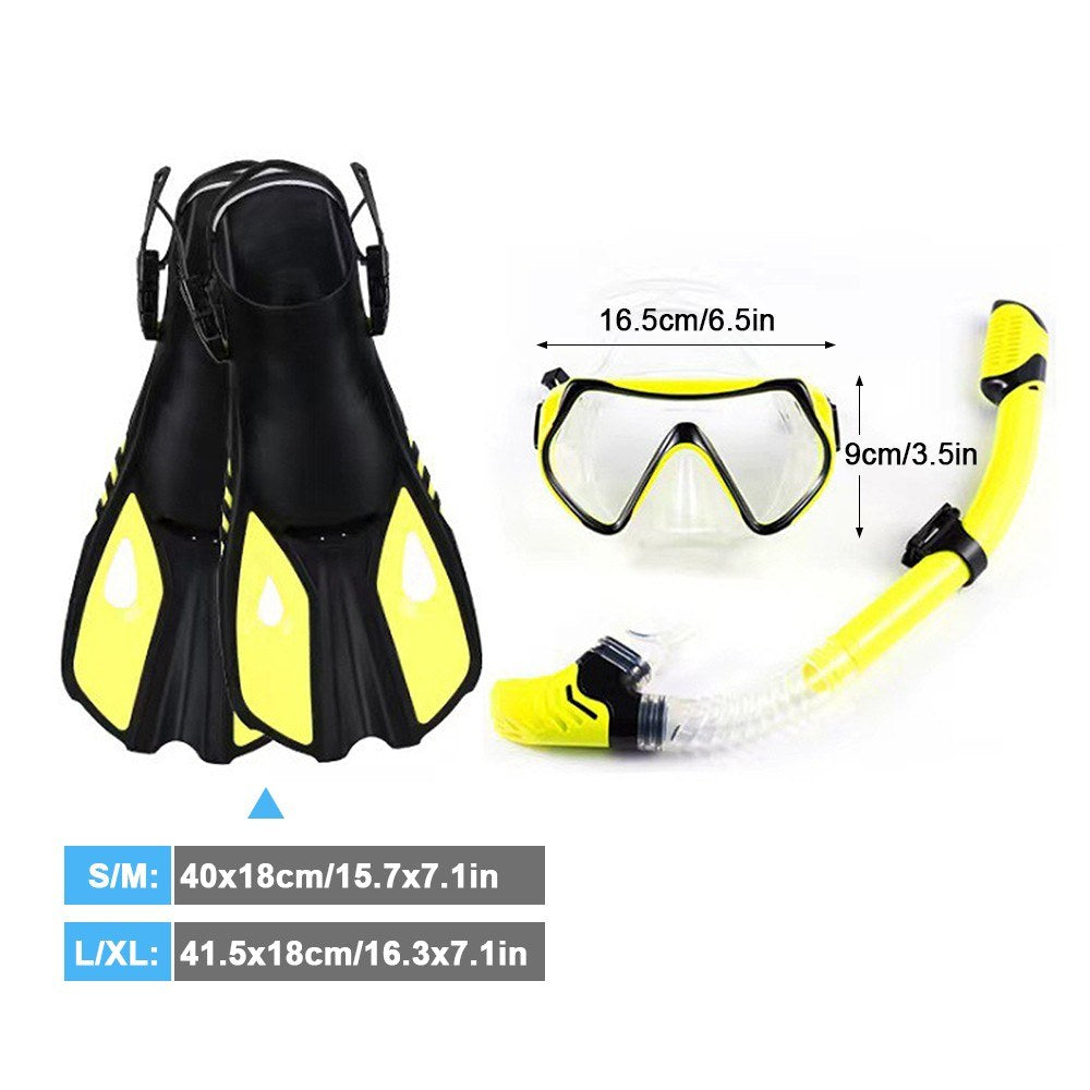 Three-Window Diving Mask Set with Full Dry Snorkel and Adjustable Fins for Men & Women
