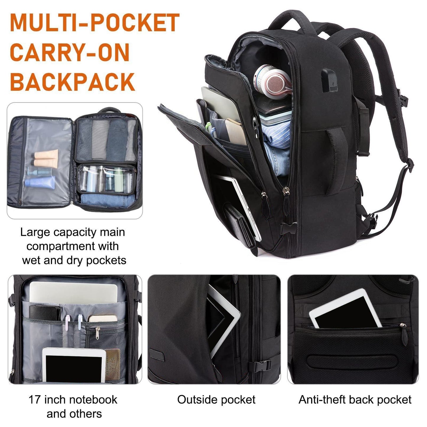 4-Piece Carry-On Travel Backpack Set for Laptops - Perfect for Men & Women