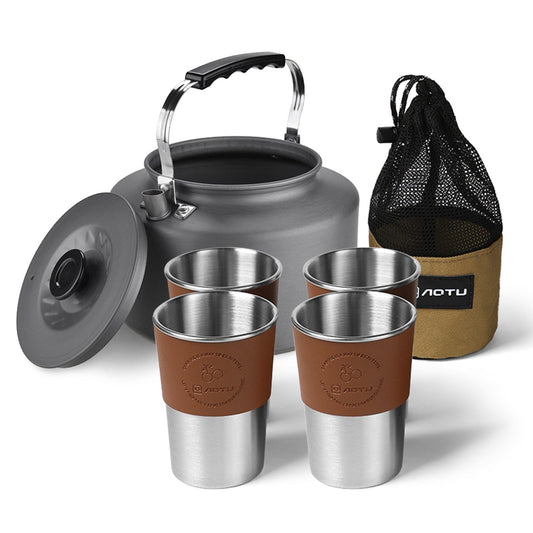 2L Open Fire Camping Kettle with 4 Stainless Steel Cups & Heat-Resistant Covers for Outdoor Adventures