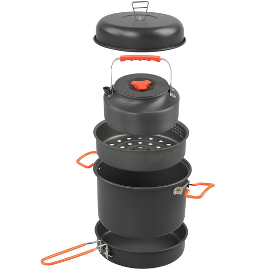 Aluminum Camping Cookware Mess Kit with Pot, Pan, Steaming Tray, and Kettle