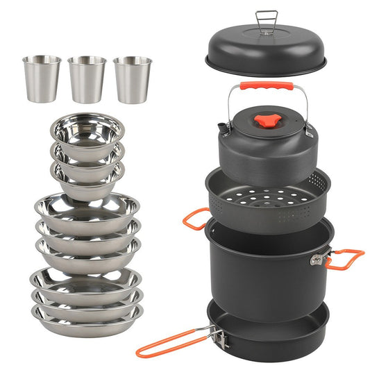 Aluminum Camping Cookware Mess Kit: Pot, Pan, Steaming Tray, Bowl, Cup, Kettle & Cover