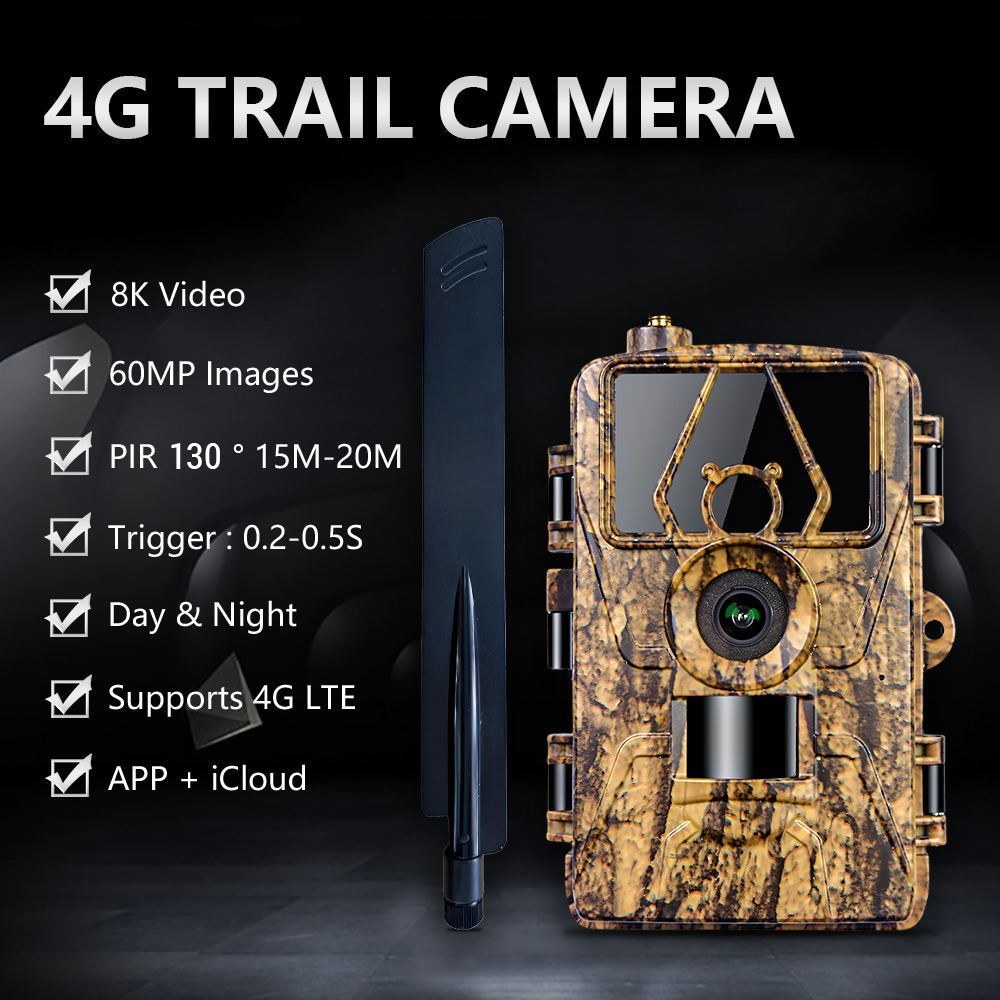 8K Trail Cam 60MP Photos | Night Vision Motion Sensor | Waterproof Wildlife Camera for Hunting & Home Security | 4G EU Version with SIM & Antenna