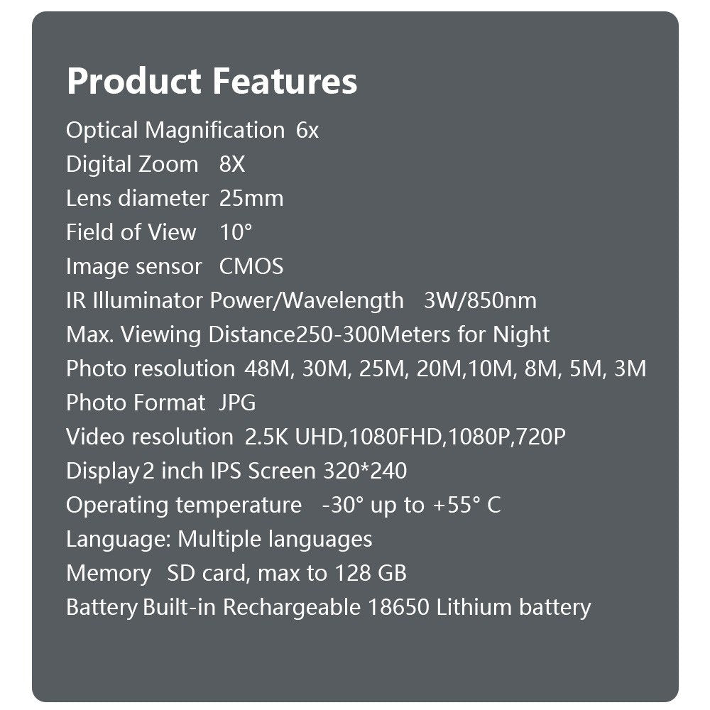2.5K Video Night Vision Monocular - 40MP Photo, 8X Zoom, 350m Range, Infrared Digital Scope Camera