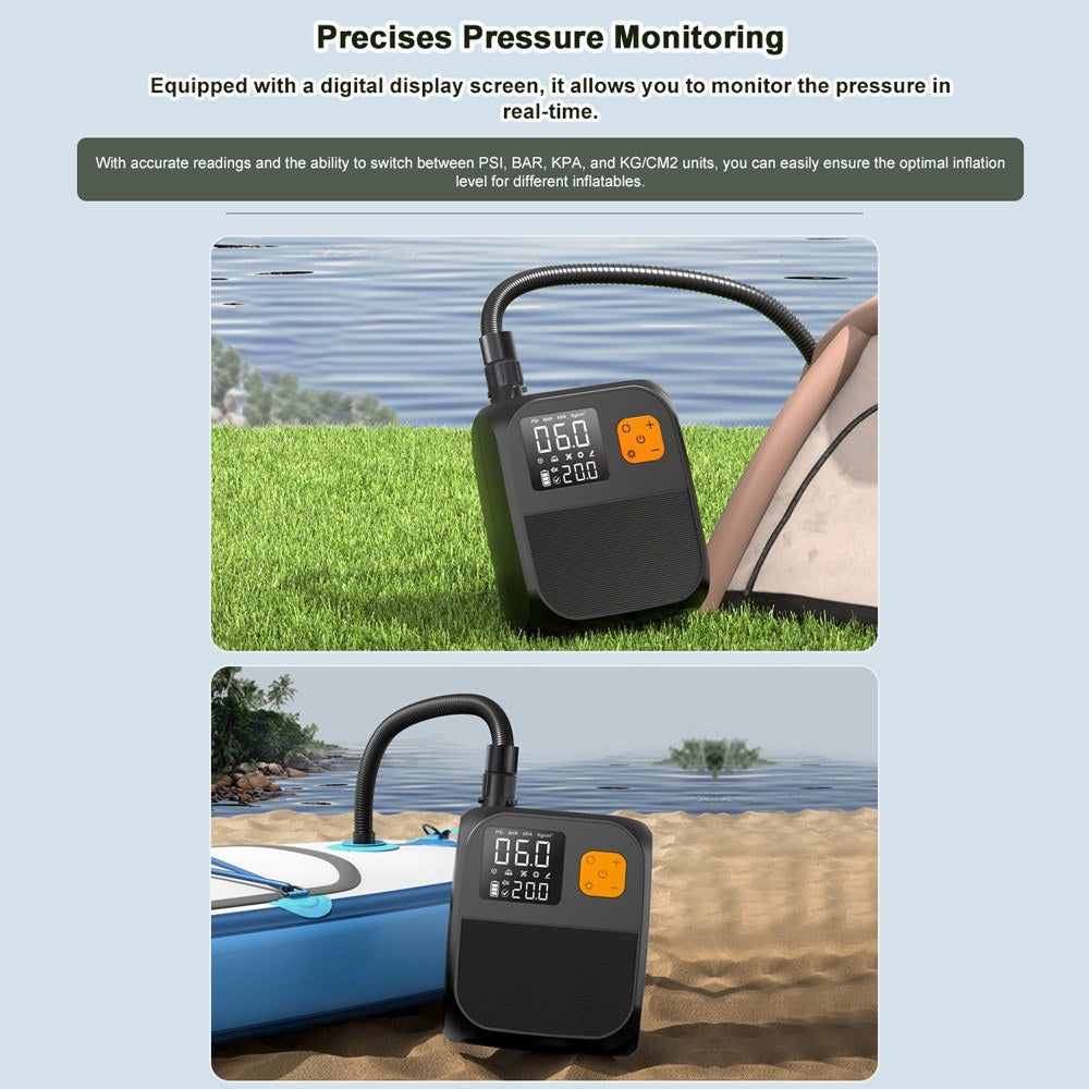 25PSI Electric Paddle Board Pump: High Pressure Compressor with Power Bank, 6 Nozzles & LED Light for Inflatable Boats & Air Mattresses