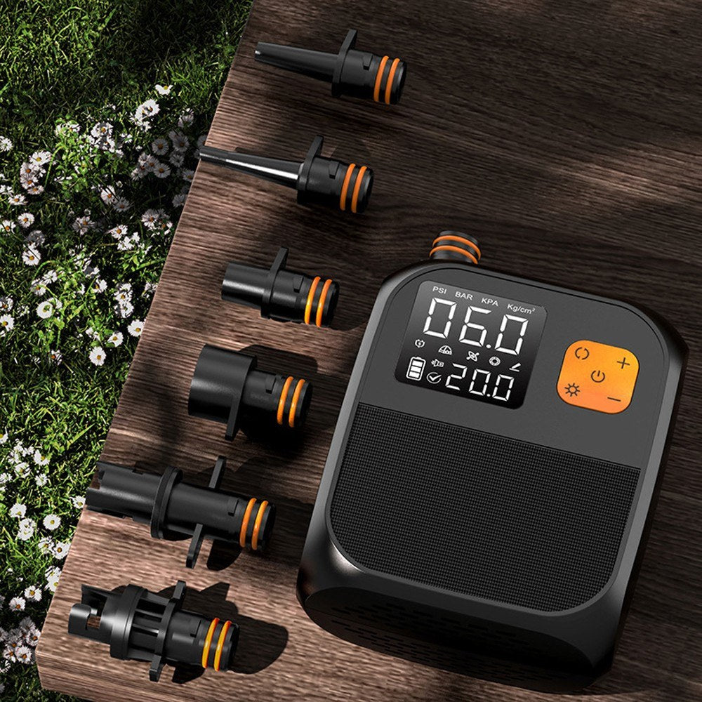25PSI Electric Paddle Board Pump: High Pressure Compressor with Power Bank, 6 Nozzles & LED Light for Inflatable Boats & Air Mattresses