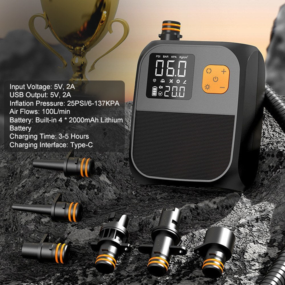25PSI Electric Paddle Board Pump: High Pressure Compressor with Power Bank, 6 Nozzles & LED Light for Inflatable Boats & Air Mattresses