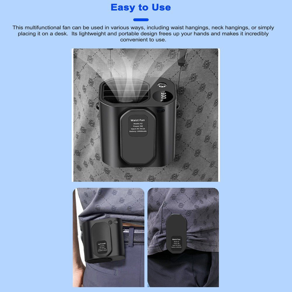 3-in-1 Rechargeable Waist, Neck & Desktop Fan with 3 Speeds, LED Light & 10000mAh Power Bank for Outdoor Work & Adventures
