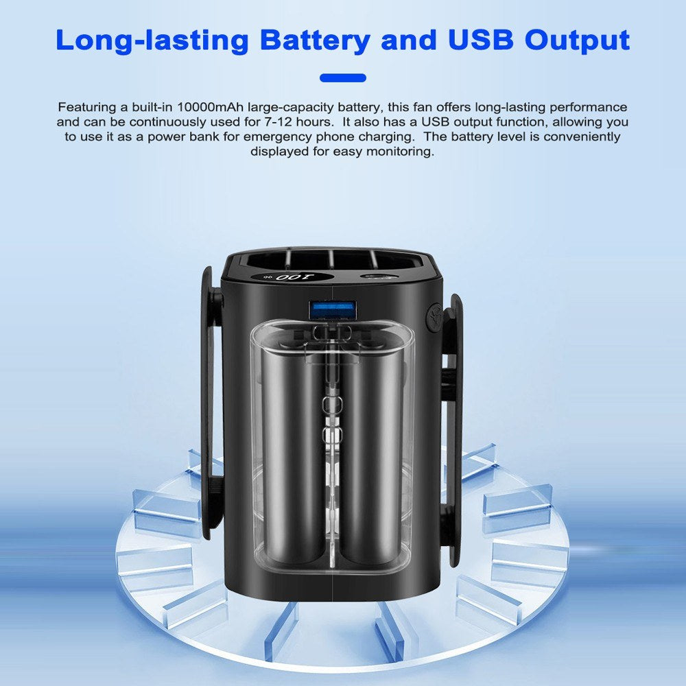 3-in-1 Rechargeable Waist, Neck & Desktop Fan with 3 Speeds, LED Light & 10000mAh Power Bank for Outdoor Work & Adventures