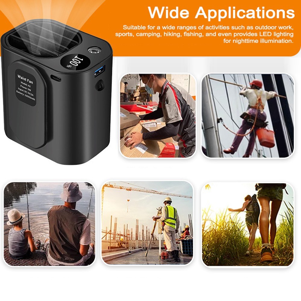 3-in-1 Rechargeable Waist, Neck & Desktop Fan with 3 Speeds, LED Light & 10000mAh Power Bank for Outdoor Work & Adventures