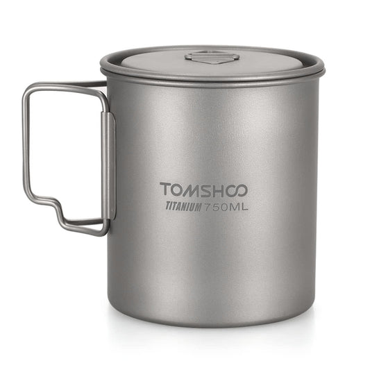 TOMSHOO Ultralight 750ml Titanium Camping Mug with Foldable Handle - Portable Outdoor Water Cup