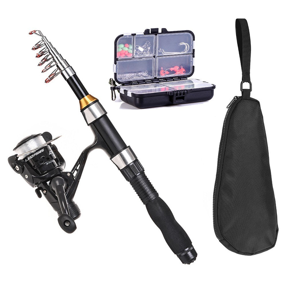 1.5m Telescopic Fishing Rod & Spinning Reel Set with Hooks, Soft Lures, Barrel Swivels & Storage Bag