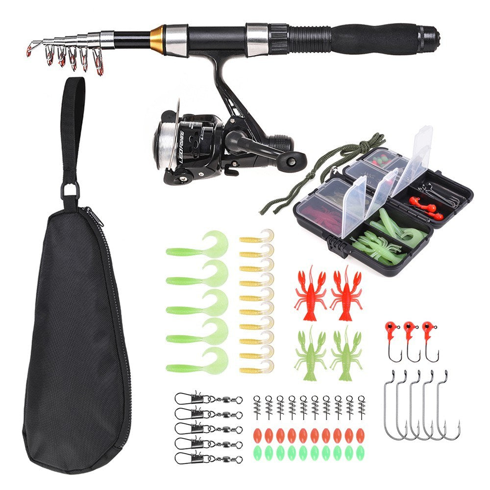 1.5m Telescopic Fishing Rod & Spinning Reel Set with Hooks, Soft Lures, Barrel Swivels & Storage Bag