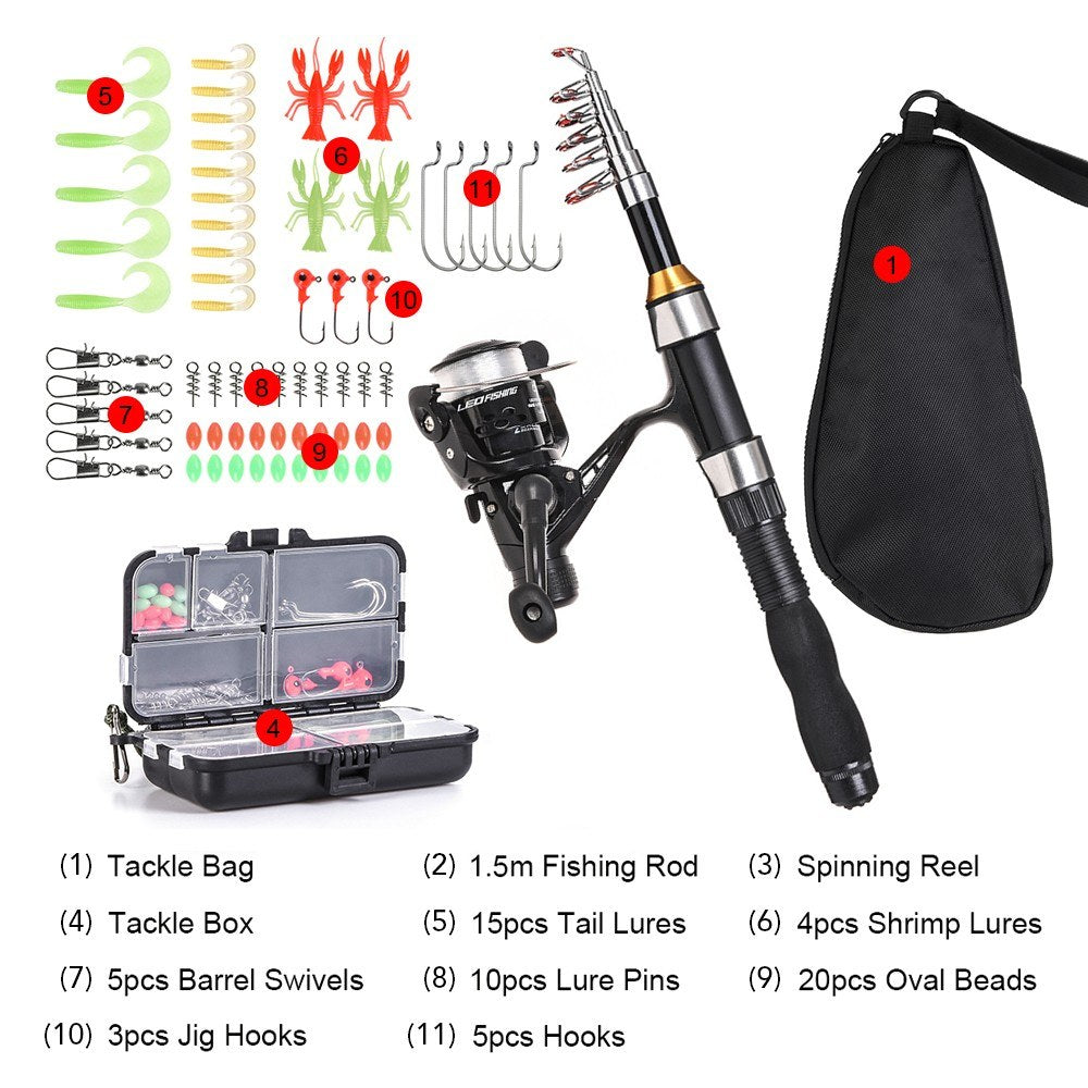 1.5m Telescopic Fishing Rod & Spinning Reel Set with Hooks, Soft Lures, Barrel Swivels & Storage Bag