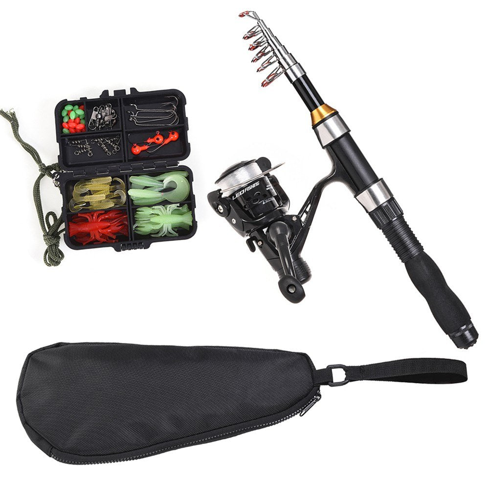 1.5m Telescopic Fishing Rod & Spinning Reel Set with Hooks, Soft Lures, Barrel Swivels & Storage Bag