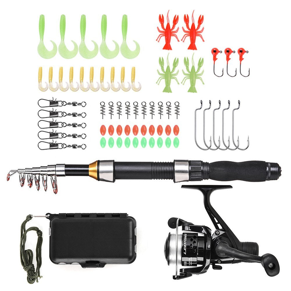 1.5m Telescopic Fishing Rod & Spinning Reel Set with Hooks, Soft Lures, Barrel Swivels & Storage Bag