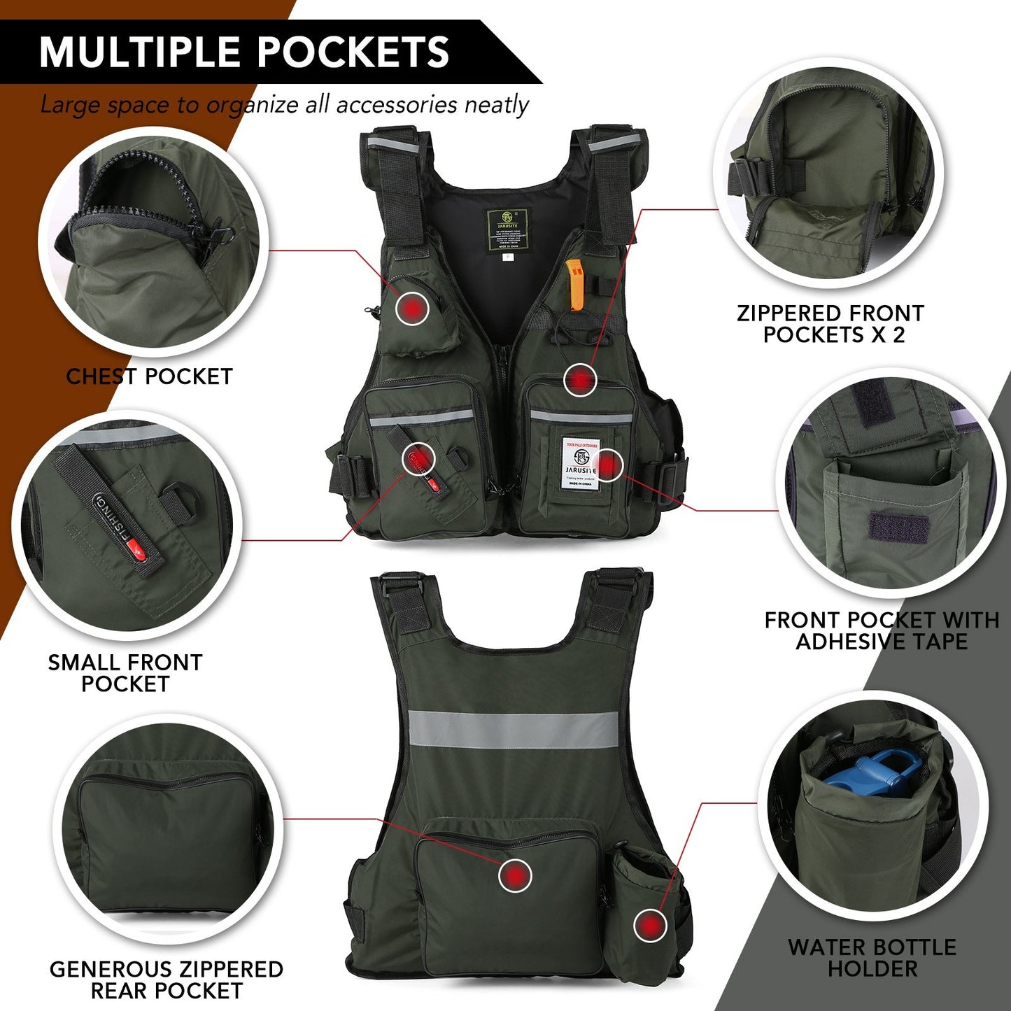 Fly Fishing Buoyancy Vest with Multi-Pockets & Water Bottle Holder for Kayaking, Sailing, Boating & Water Sports