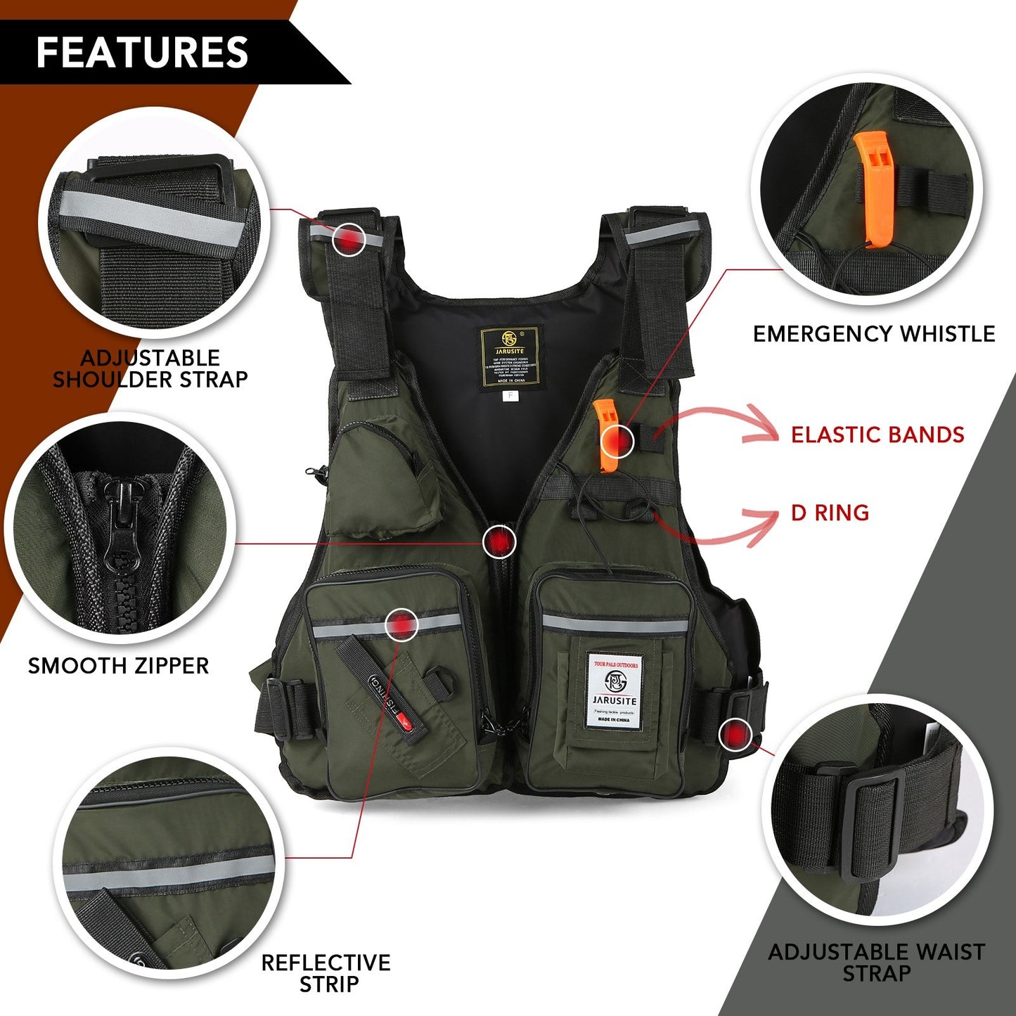 Fly Fishing Buoyancy Vest with Multi-Pockets & Water Bottle Holder for Kayaking, Sailing, Boating & Water Sports