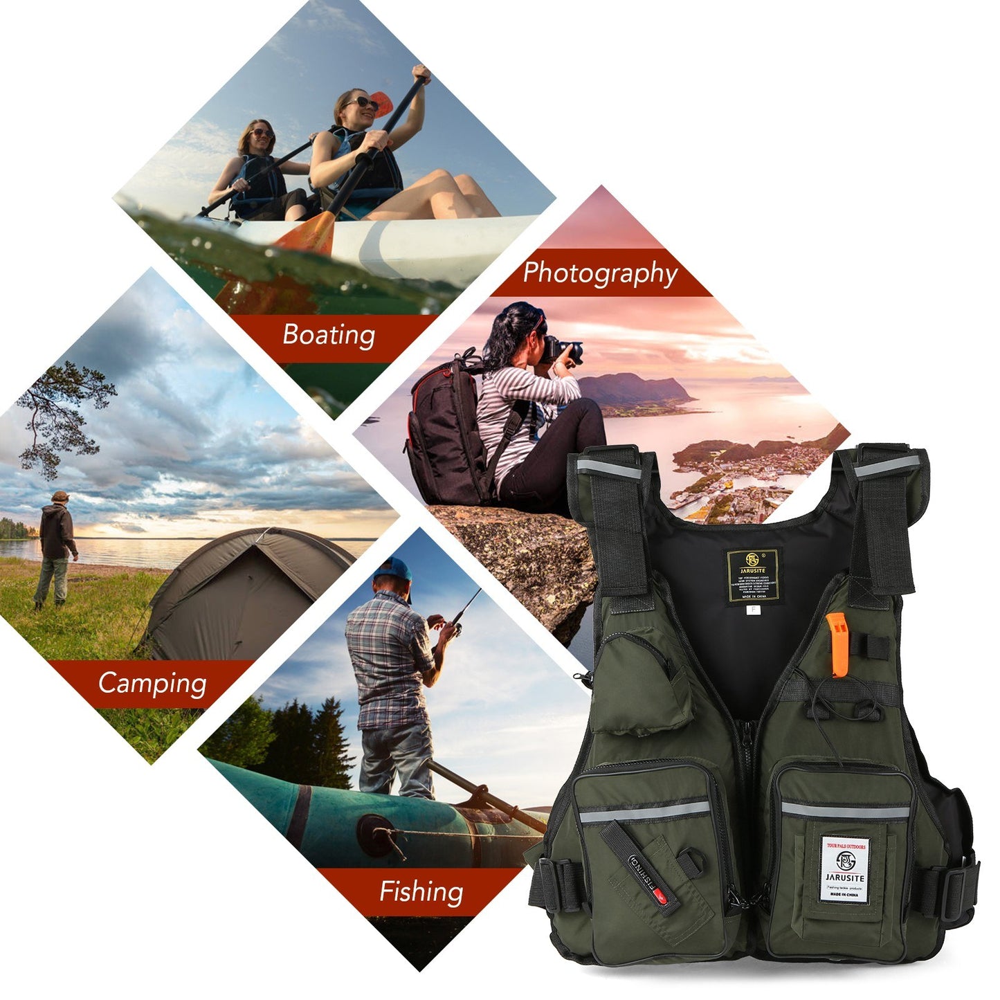 Fly Fishing Buoyancy Vest with Multi-Pockets & Water Bottle Holder for Kayaking, Sailing, Boating & Water Sports
