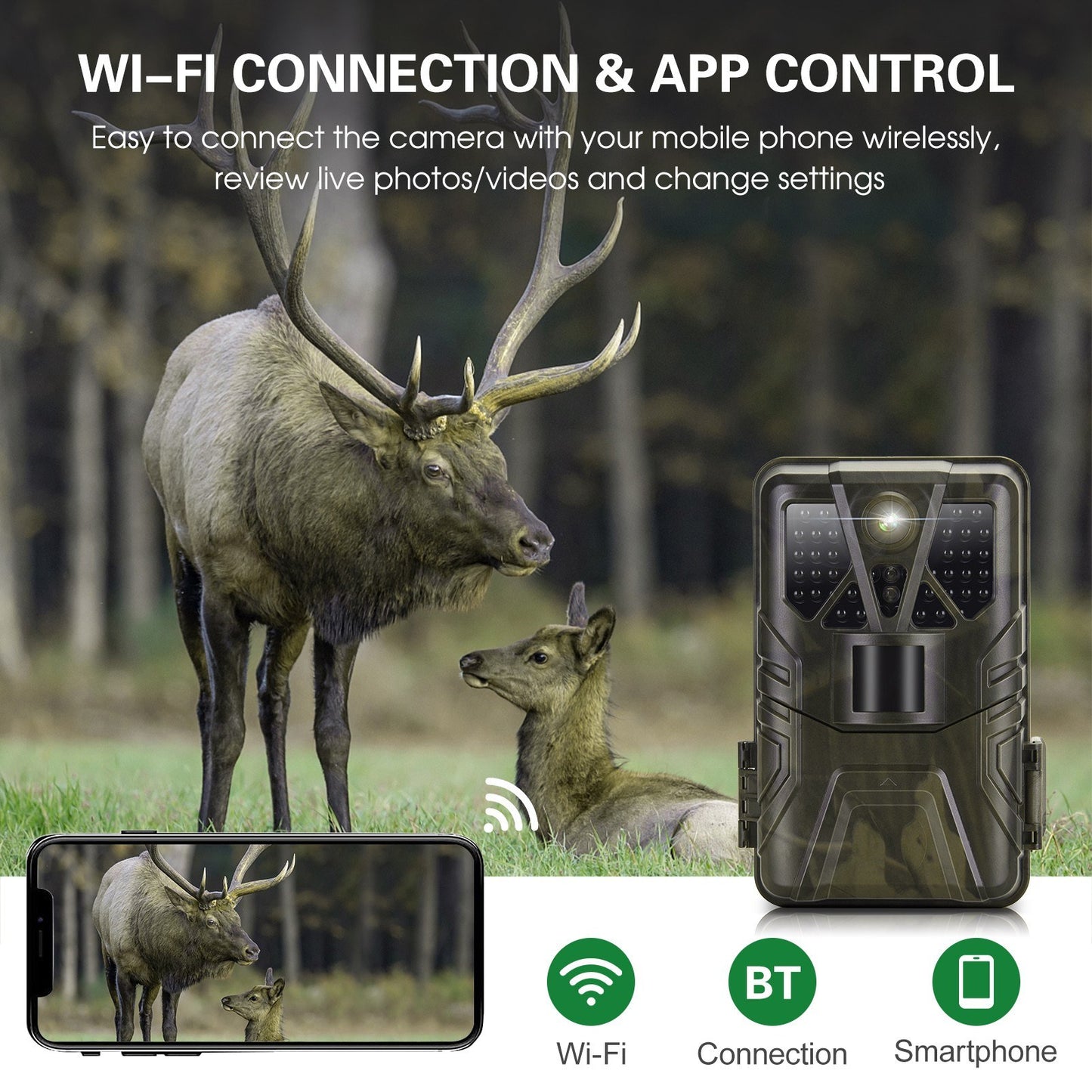 4K WiFi Trail Camera 36MP, App-Controlled Hunting Cam with 65ft Night Vision, 120° PIR Detection, IP65 Waterproof, Enhanced 5MP Sensor