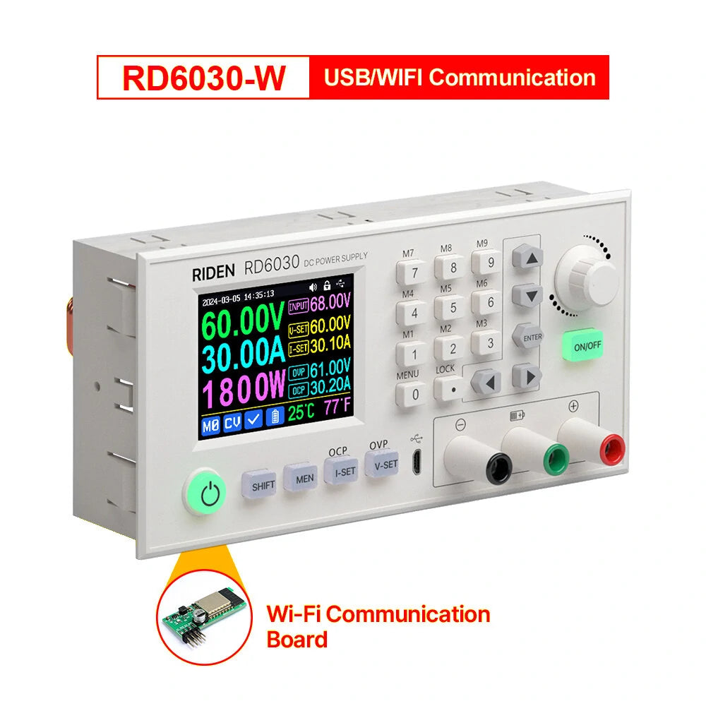 60V 30A Adjustable DC Step-Down Converter Power Supply Module for Lab & Battery Charging - RIDEN RD6030/W