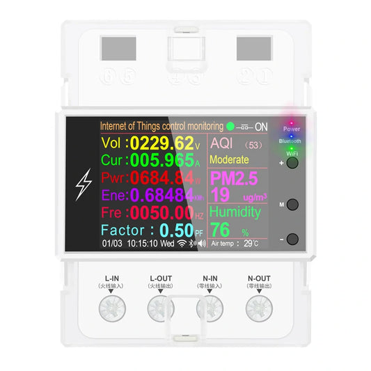 AT4PW 100A Tuya WiFi Din Rail Smart Switch - Remote Control, Digital Power Meter: Volt, Amp, kWh, Frequency - AC 220V/110V