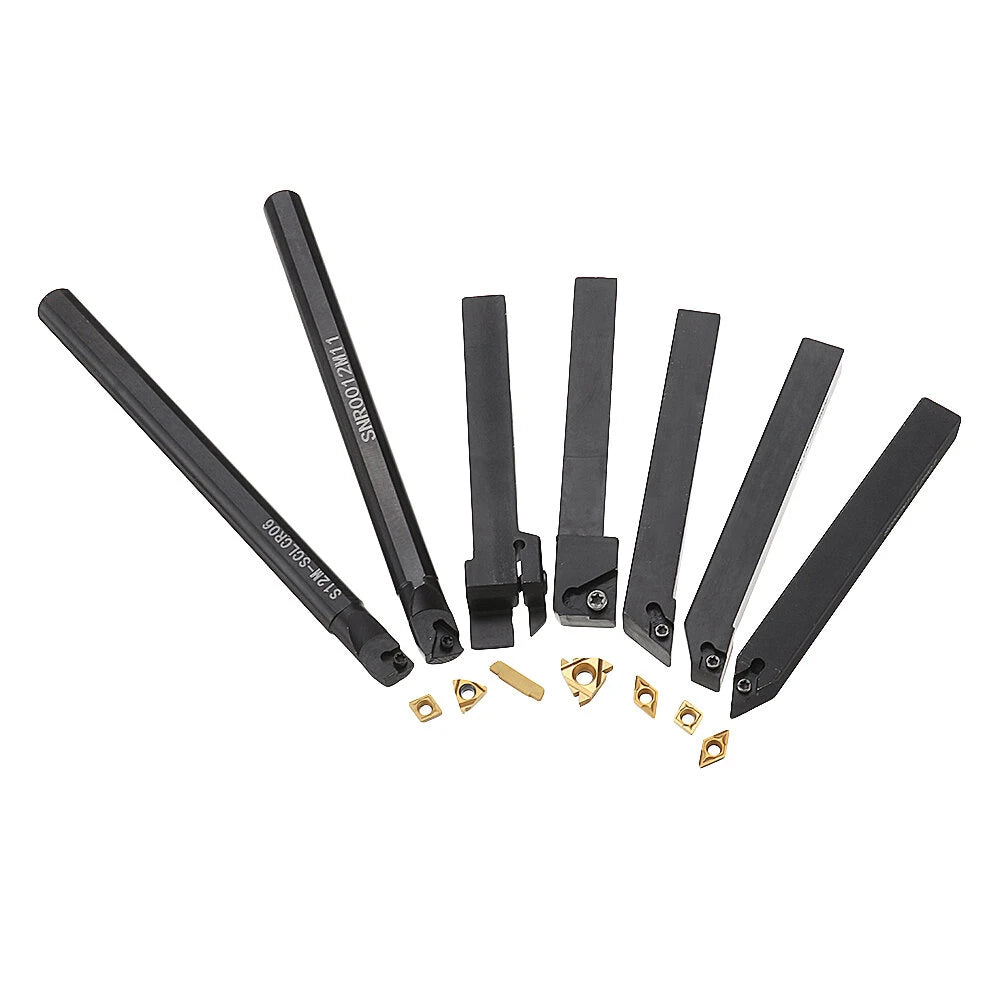 7-Piece 12mm Shank Lathe Boring Bar & Turning Tool Holder Set with Carbide Inserts
