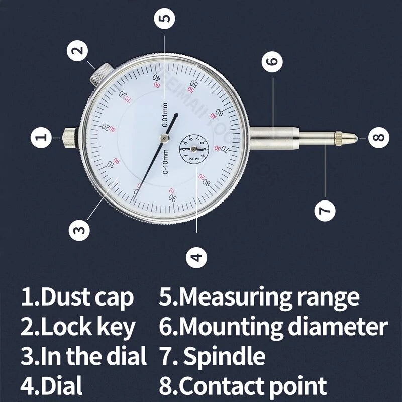 Precision Dial Indicator with Magnetic Stand - 0-10mm/30mm/0.8mm Micrometer Measuring Tool