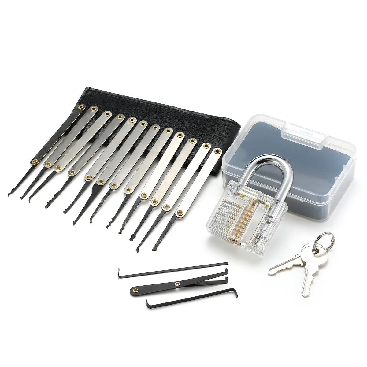 Transparent Practice Padlock & 15-Piece Lock Pick Set with Key Extractor Tools