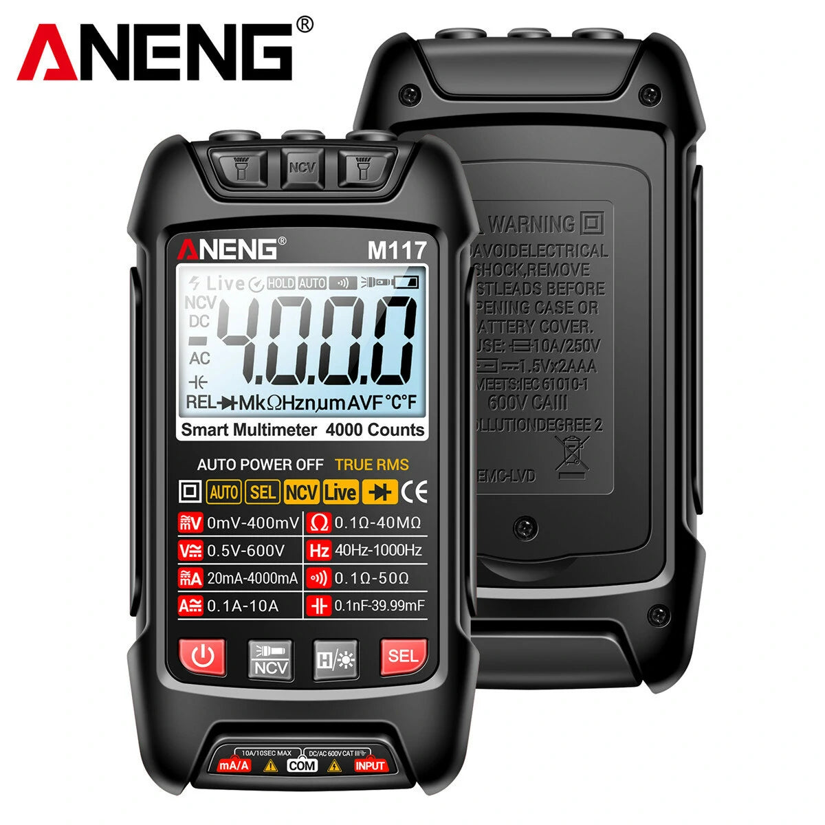 ANENG M117 High Precision True RMS Digital Multimeter with AC/DC Voltage, Current, and Resistance Measurement, Capacitor Reading, Data Hold, Auto Power Off, and Backlit Display