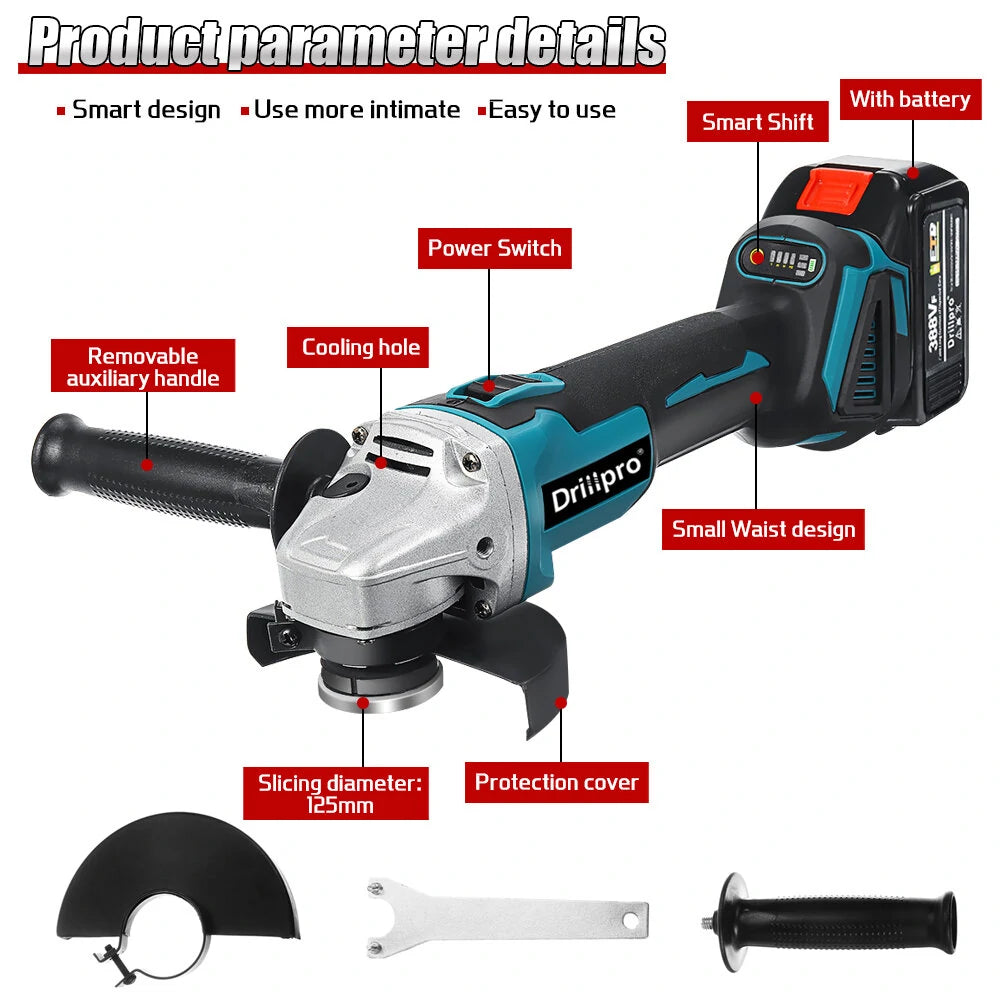 Rechargeable Drillpro 125mm 18V Brushless Angle Grinder with Adjustable Speed and Battery - Blue/Black