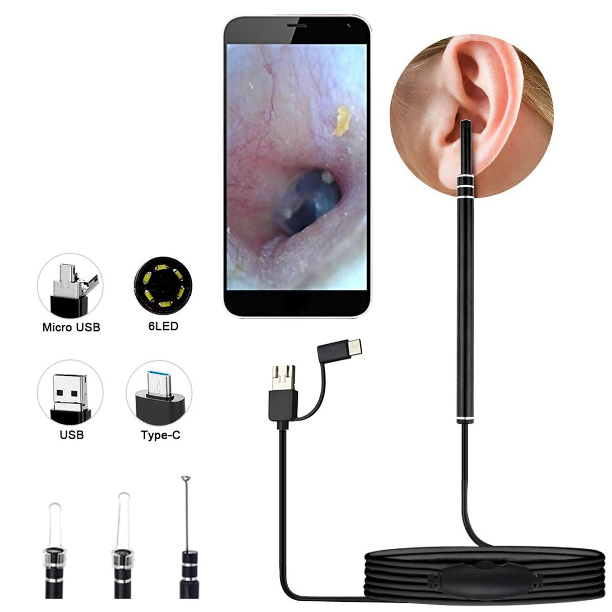 Ear Endoscope AN101 3-in-1 HD Visual Ear Cleaning Tool with 5.5mm Camera, Multifunctional Earpick for Android & PC