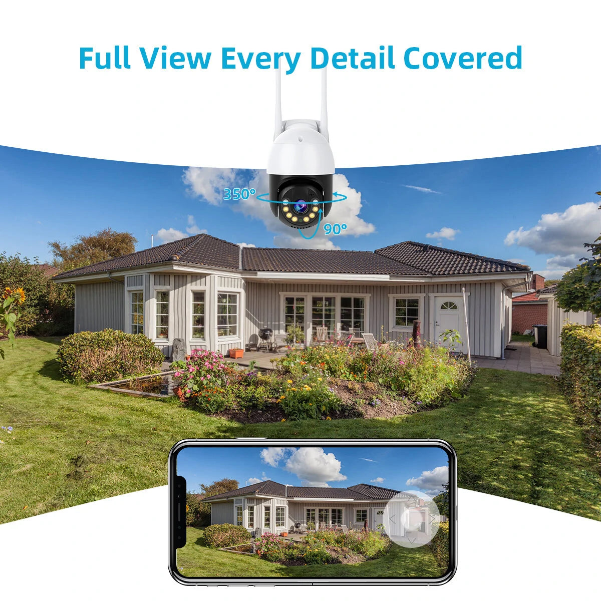 2MP Outdoor Wireless PTZ Security Camera, AI Human Detection, Night Vision, Two-Way Audio, IP66 Waterproof, Remote Control