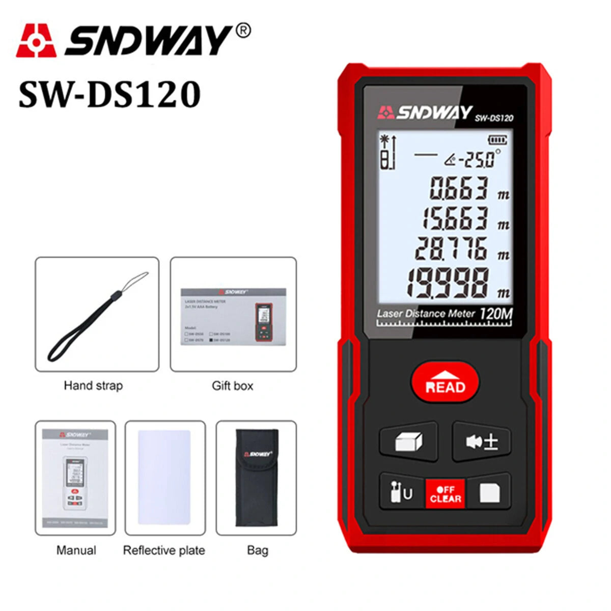 SNDWAY Laser Distance Meter Rangefinder with Angle Sensor & Backlight - Available in 50m, 70m, 100m, 120m - Waterproof & Digital Level