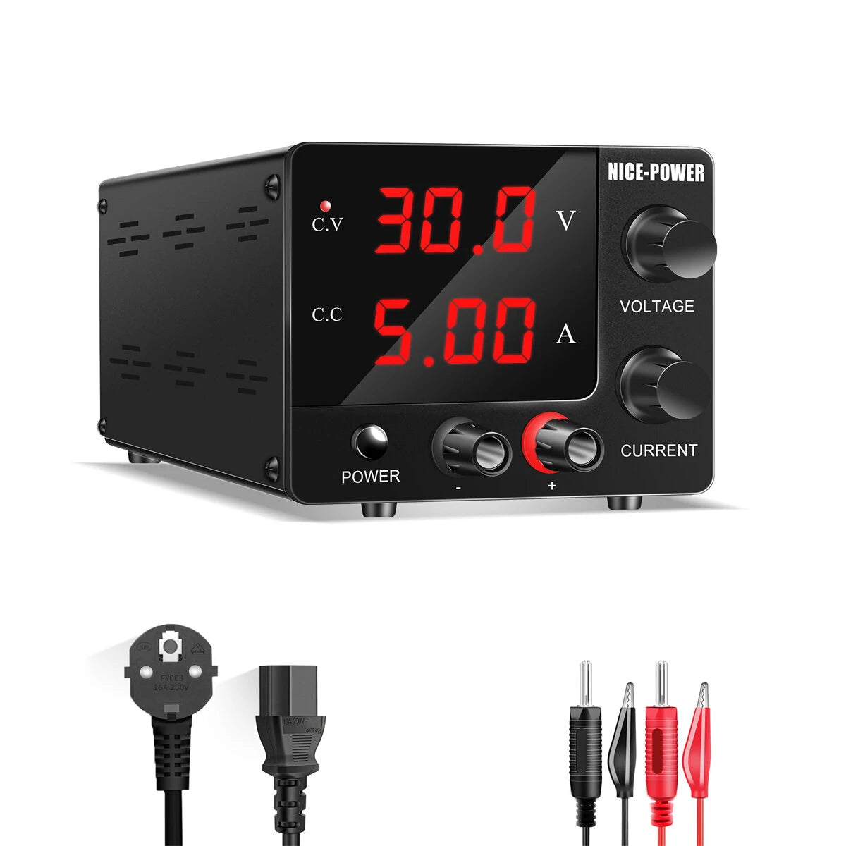 Mini Power Supply NICE-POWER SPS-E305: 0-30V 0-5A, High-Precision Encoder, Sleek Black Design, Stable DC Output