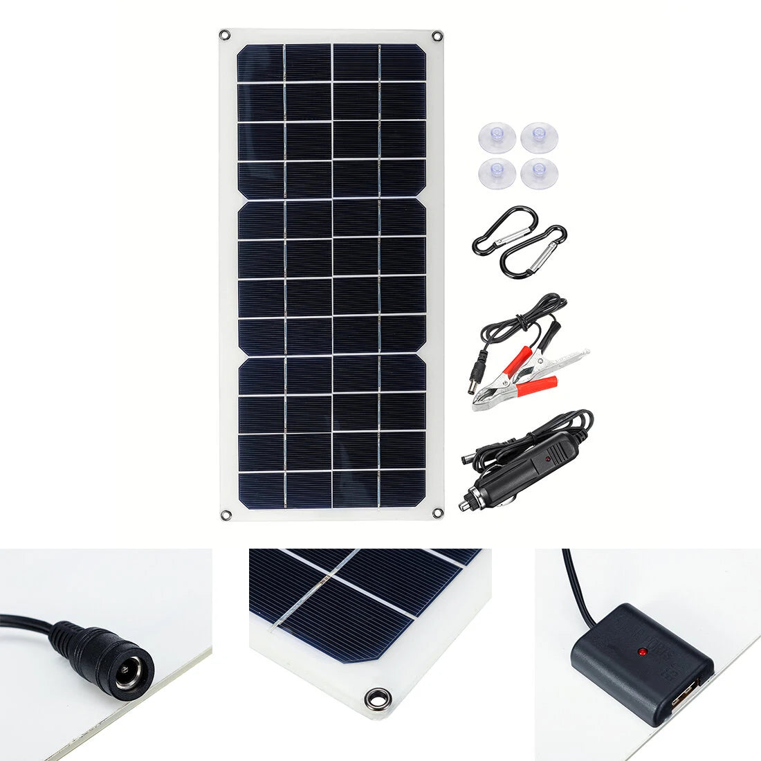 30W Mono Solar Charging Panel with Suckers & Carabiner for Dual Output - 12V/5V Camping Fan/Lamp/Power Generator System