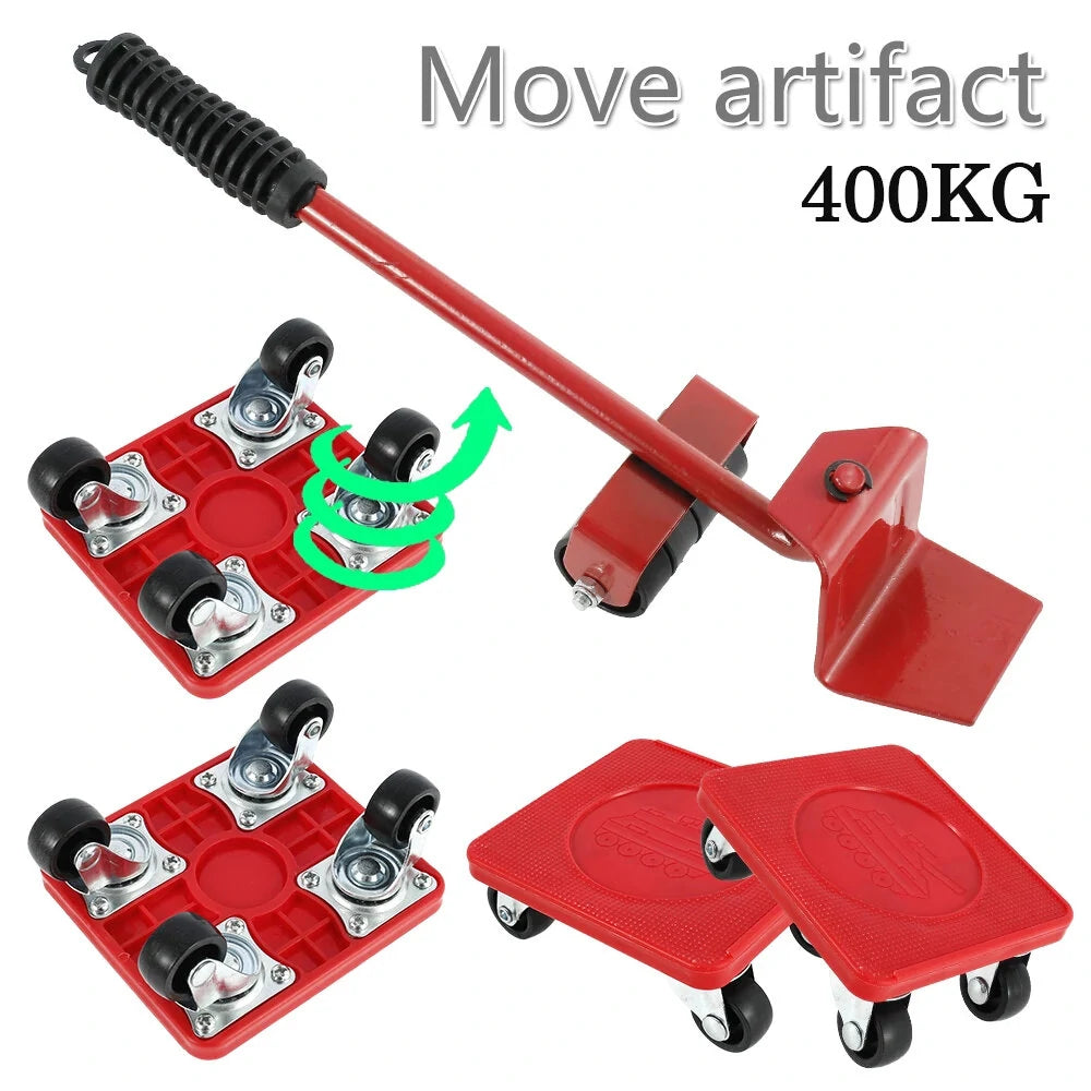 Heavy Duty Furniture Lifter Mover Set with Universal Wheels, 400kg Capacity - Red Compact Roller Bar Hand Tools for Easy Moving