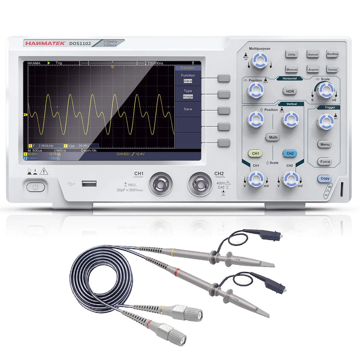 HANMATEK DOS1102 Portable Digital Oscilloscope 110MHz, 500 MS/s, 7 LCD, Dual Channels, FFT Analysis, Labview SCPI, USB